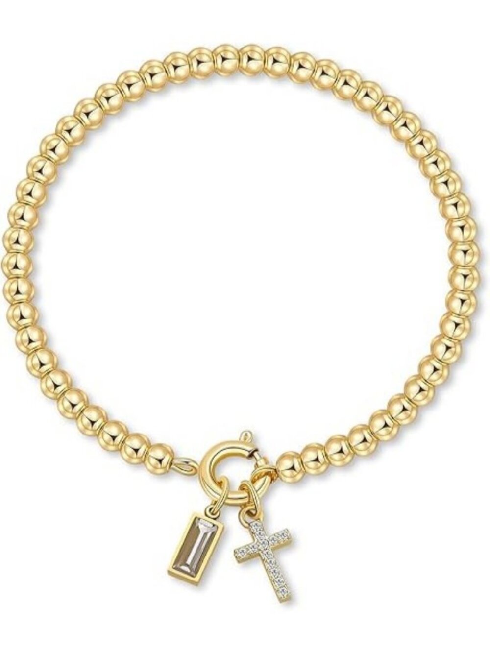 04-April(Clear CZ) Cross Birthstone Elastic 14K Gold Plated Bead Bracelet